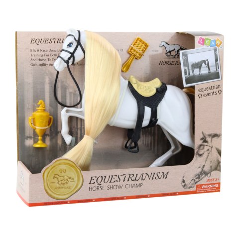LEAN Toys Koń Z Długą Grzywą Siodło Puchar Szczotka Akcesoria Biały LEAN Toys Koń Z Długą Grzywą Siodło Puchar Szczotka Akcesoria Biały