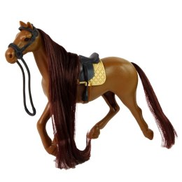 LEAN Toys Koń Z Długą Grzywą Siodło Puchar Szczotka Akcesoria Brązowy