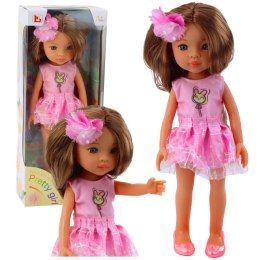 LEAN Toys Lalka W Różowej Sukience Długie Brązowe Włosy Spinka Kwiat