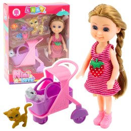 LEAN Toys Mini Lalka Z Akcesoriami Wózek Kotki Zestaw Laleczka Różowa