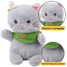 LEAN Toys Pluszowa Maskotka Przytulanka Kot Szary Zielona Apaszka Kokardka 22cm