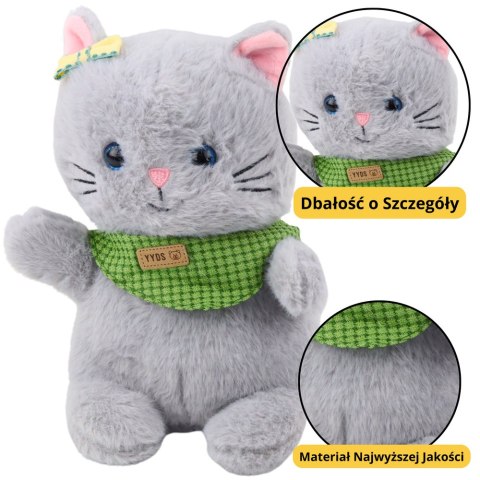 LEAN Toys Pluszowa Maskotka Przytulanka Kot Szary Zielona Apaszka Kokardka 22cm LEAN Toys Pluszowa Maskotka Przytulanka Kot Szary Zielona Apaszka Kokardka 22cm