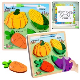 LEAN TOYS Układanka Tablica 2w1 Drewniana Edukacyjna Warzywa Pisak