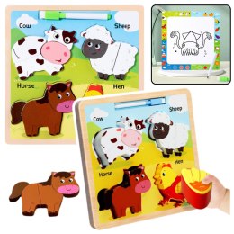 LEAN TOYS Układanka Tablica 2w1 Drewniana Edukacyjna Zwierzęta Domowe Pisak
