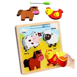LEAN TOYS Układanka Tablica 2w1 Drewniana Edukacyjna Zwierzęta Domowe Pisak