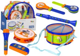 LEAN Toys Instrumenty Muzyczne Zestaw Bęben Tamburyn Flet Kołatka Harmonijka Zwierzęta