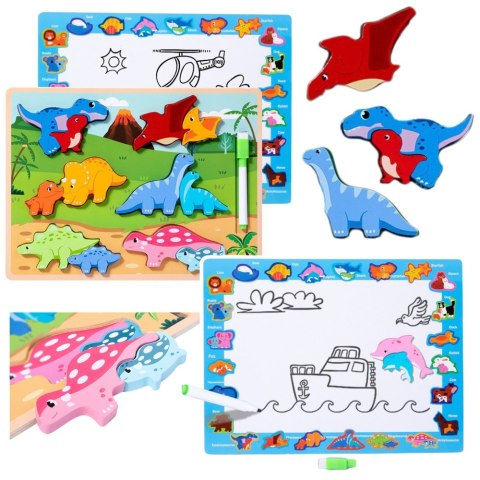 LEAN Toys Układanka Tablica 2w1 Drewniana Edukacyjna Pisak Dinozaury 12el LEAN Toys Układanka Tablica 2w1 Drewniana Edukacyjna Pisak Dinozaury 12el