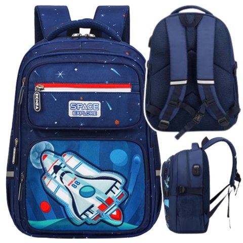 LEAN Plecak Szkolny Dziecięcy Pas Piersiowy Granatowy Rakieta Kosmos 20L 41cm LEAN Plecak Szkolny Dziecięcy Pas Piersiowy Granatowy Rakieta Kosmos 20L 41cm