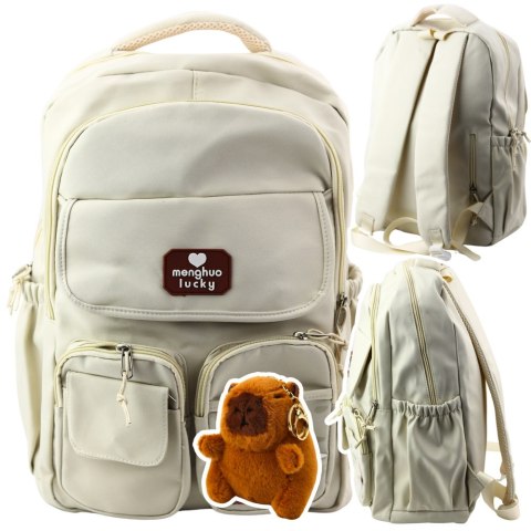LEAN Plecak Miejski Szkolny Kapibara Brelok Przypinki Beżowy Kremowy 25L 42cm LEAN Plecak Miejski Szkolny Kapibara Brelok Przypinki Beżowy Kremowy 25L 42cm