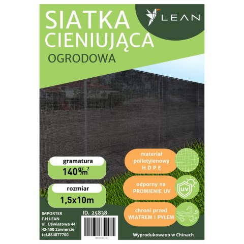 LEAN Siatka Cieniująca Na Ogrodzenie Płot Maskująca Szara 1.5M 10M 140g/m² LEAN Siatka Cieniująca Na Ogrodzenie Płot Maskująca Szara 1.5M 10M 140g/m²
