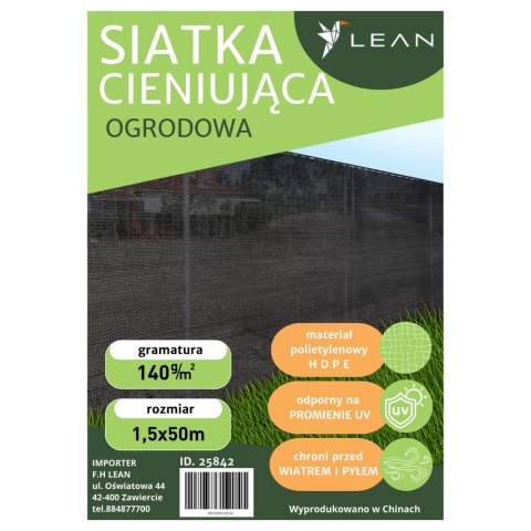 LEAN Siatka Cieniująca Na Ogrodzenie Płot Maskująca Zielona 1.5M 50M 140g/m² LEAN Siatka Cieniująca Na Ogrodzenie Płot Maskująca Zielona 1.5M 50M 140g/m²