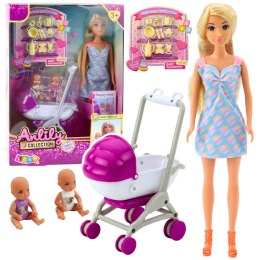 LEAN Toys Lalka Anlily Mama Z Dwójką Dzieci Wózek Akcesoria Dziecięce