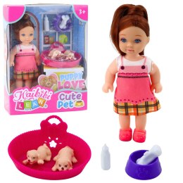 LEAN Toys Zestaw Mini Laleczka Z Dwoma Szczeniaczkami Legowisko Miska Butelka