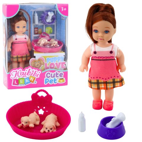 LEAN Toys Zestaw Mini Laleczka Z Dwoma Szczeniaczkami Legowisko Miska Butelka