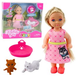 LEAN Toys Zestaw Mini Laleczka Z Pieskiem i Kotkiem Legowisko Miska Z Jedzeniem