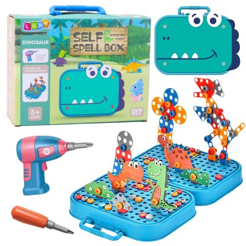 LEAN Toys Zestaw Do Skręcania DIY Walizka Układanka Dinozaury Klocki Wkrętarka 228el.